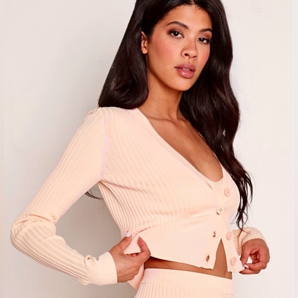 NEW L*Space Sundown Ribbed Cropped Cardigan Rose Quartz/Mellow Yellow Medium NWT